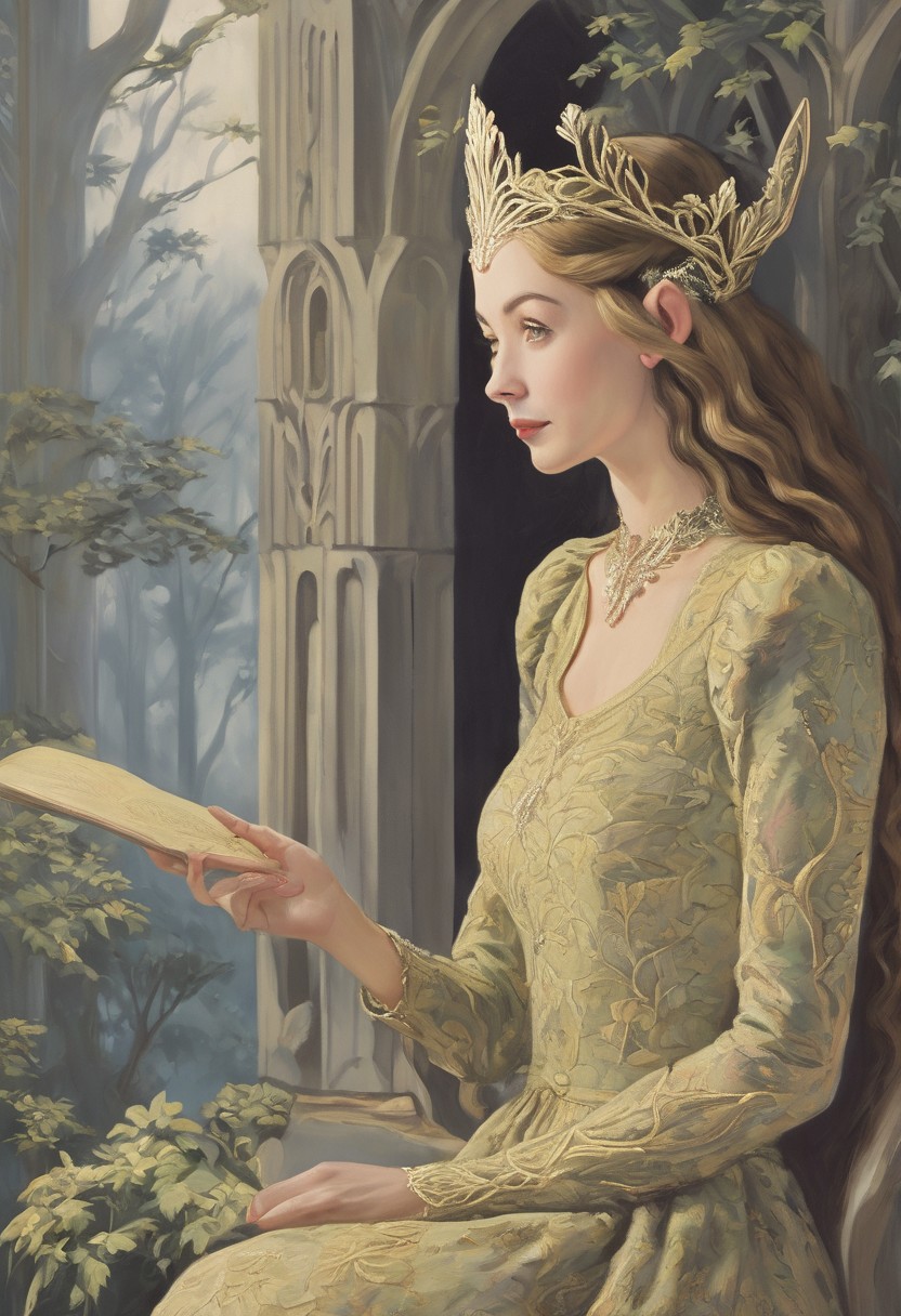 detailxl, easynegative, style of Dorothy Draper, The Lord of the Rings style, BREAK, (((solo))), ((1female)), (((/galadriel/))), (((elf))), (((long hair))), (((tiara))), (((blonde hair))), long green robe, long white dress, BREAK, forest