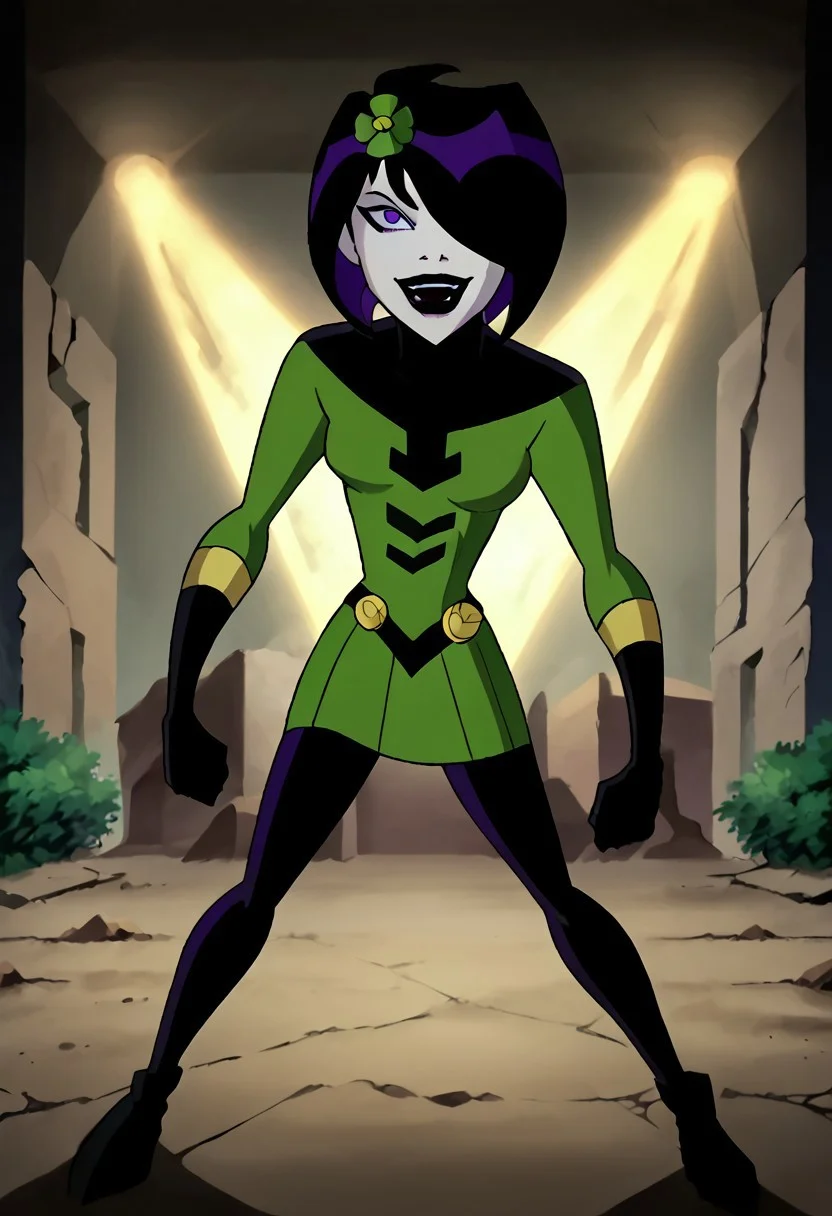 1girl, score_9, score_8_up, score_7_up, western cartoon, black belt, black lipstick, black gloves, purple eyes, black hair, dark purple streak in hair, hair cover one eye, medium bob, white skin, black leggings, black belt, gold circle on belt, green flower in hair, bright green dress, long sleeves, bright green sleeves, gold trim on gloves, black turtleneck, black top of dress, looking at viewer, legs spread, yelling, happy, masterpiece, high quality, skinny, small bust, full body, cute face, very detailed, depth of field, cinematic illumination, volumetric lighting, full color picture, vibrant colors, action pose, hovering, ruins and decay,