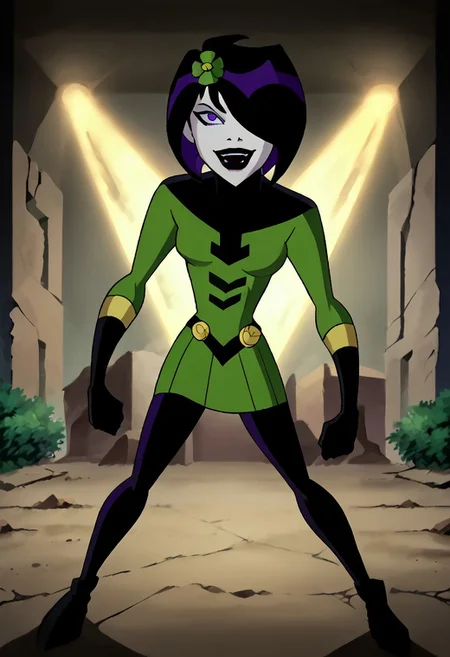 1girl, score_9, score_8_up, score_7_up, western cartoon, black belt, black lipstick, black gloves, purple eyes, black hair, dark purple streak in hair, hair cover one eye, medium bob, white skin, black leggings, black belt, gold circle on belt, green flower in hair, bright green dress, long sleeves, bright green sleeves, gold trim on gloves, black turtleneck, black top of dress, looking at viewer, legs spread, yelling, happy, masterpiece, high quality, skinny, small bust, full body, cute face, very detailed, depth of field, cinematic illumination, volumetric lighting, full color picture, vibrant colors, action pose, hovering, ruins and decay,