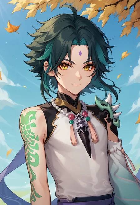 score_9, score_8_up, score_7_up, source_anime, highly detailed,
xiao, 1boy, male focus, solo, green hair, black hair, two-tone hair, ahoge, yellow eyes, facial mark, forehead mark, bangs, shirt, white shirt, sleeveless, single detached sleeve, shoulder armor, shoulder spiked, spiked, tattoo, arm tattoo, jewelry, beads, necklace, bead necklace, upper body,
outdoor, oriental, wind, spell wind spell, loking at viewer, determined, leaves, light smile,