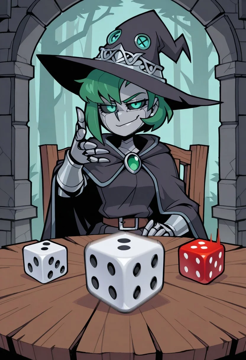 robot girl, android woman, gray metallic skin, green hair, hair covers on one side of the head, no hair on sides of the head, black sclera, green iris, asymmetrical hair, short hair, mohawk, flowing hair, sharp angles, covered ears, flat sides of the head, intricate details, ultra sharp, exquisite detail, flawless composition, vivid colors, masterpiece, semi realistic, cartoon, wizard cosplay, fantasy clothes, witch hat,
Sitting across table, game of dungeons a dragons, dungeon master, rulebook, table top game, looking at viewer, smirk, throwing dice, vanripper, ss-3mthr0w-illu, arm forward, (throwing dice:1.2), looking at viewer, midair, motion blur,