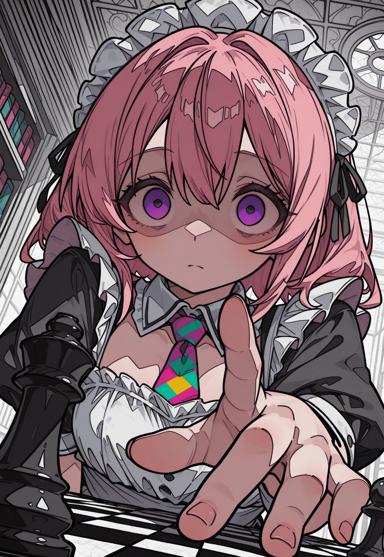 dutch angle, two-finger, upper body, perspective, chess piece, reaching, abstract chess piece, expressionless, solo, looking ahead, CivChan, purple eyes, pink hair, yandere, headdress,
7A3IFRHPR_illu, ligne claire,
monochrome, greyscale, partially colored, colorful_necktie, colorful_eyes, tareme,
[greyscale background, unmoving pattern], library, domed ceiling,
masterpiece, absurdres, newest, [dynamic pose]