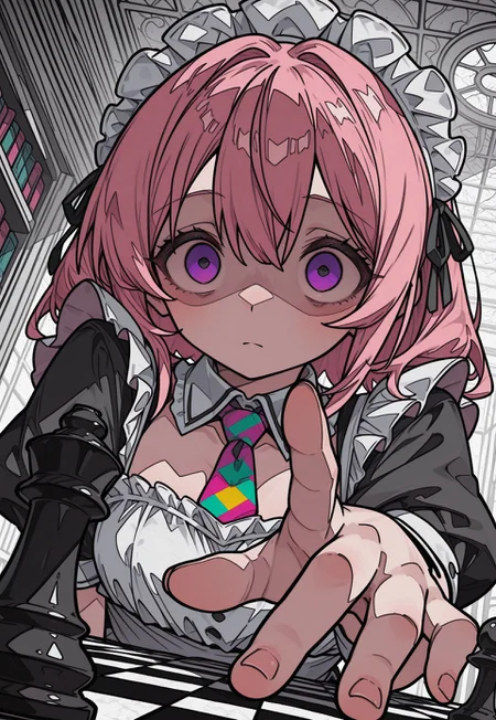 dutch angle, two-finger, upper body, perspective, chess piece, reaching, abstract chess piece, expressionless, solo, looking ahead, CivChan, purple eyes, pink hair, yandere, headdress,
7A3IFRHPR_illu, ligne claire,
monochrome, greyscale, partially colored, colorful_necktie, colorful_eyes, tareme,
[greyscale background, unmoving pattern], library, domed ceiling,
masterpiece, absurdres, newest, [dynamic pose]