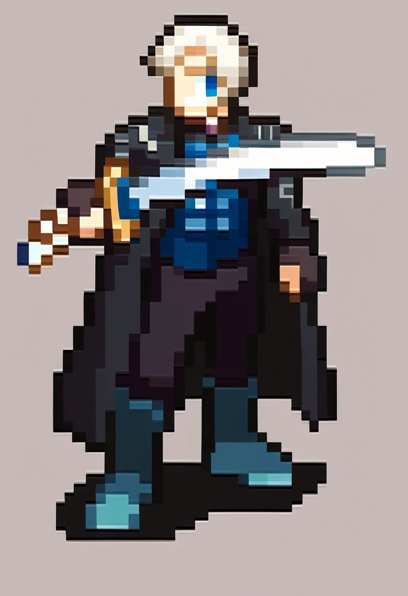 score_9, score_8_up, score_7_up, source_anime, BREAK, solo, 1boy, full body, , <lora:FEGBA-SpritesV2-pdxl_Fp:1>, simple background, pixel art, <lora:dmc5_vergil_ponyXL:1>, dmc5vergil, black coat, fingerless gloves, pants, white hair, blue eyes, looking to the side, boots, black pants, holding sword, katana,