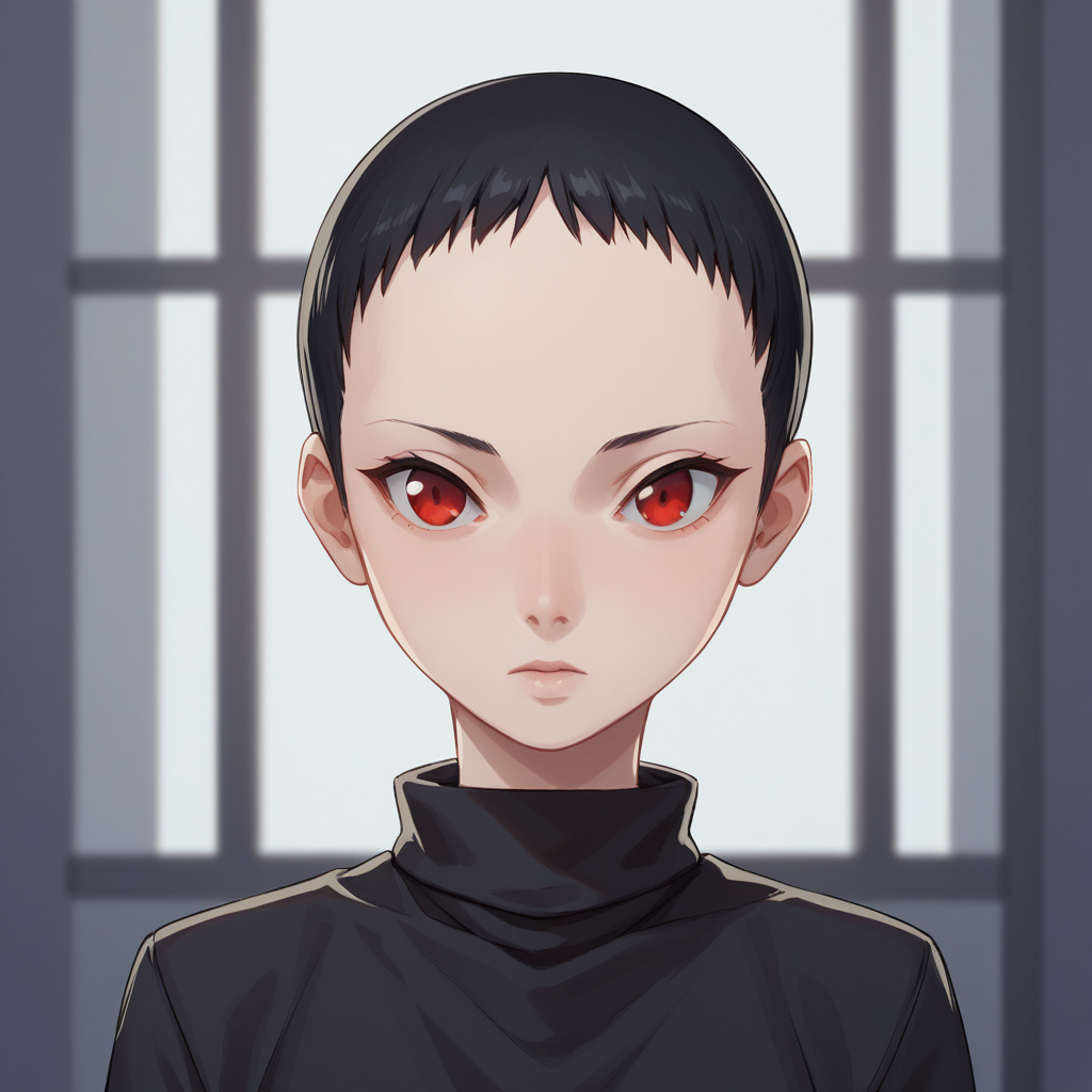 score_9_up, score_8_up, BREAK, BuzzShortHair, very short hair, forehead, solo, 1girl, black hair, red eyes, upper body, arms at sides, depth of field, <lora:BuzzShortHair_PXL_Leaf1:1>, turtleneck,