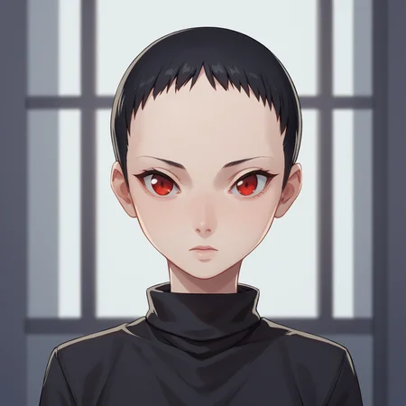 score_9_up, score_8_up, BREAK, BuzzShortHair, very short hair, forehead, solo, 1girl, black hair, red eyes, upper body, arms at sides, depth of field, <lora:BuzzShortHair_PXL_Leaf1:1>, turtleneck,