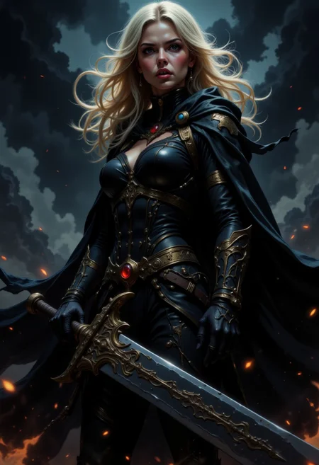 DGC style digital illustration, Magic style,
Close-up. The image is a digital art piece that appears to be a fantasy or sci-fi scene. It features a woman with long blonde hair, wearing a black outfit with intricate details and a cape draped over her shoulders. She is holding a large sword with a golden hilt and a red and gold emblem on the handle. The woman is standing in front of a dark and stormy background, with smoke and flames surrounding her. She has a fierce expression on her face and is looking off into the distance. The overall mood of the image is intense and powerful.