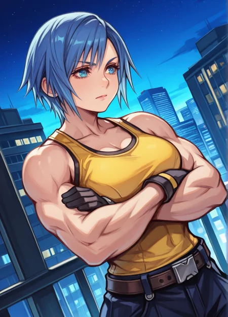 tetsuyaxd,
masterpiece, best quality, amazing quality, very aesthetic, absurdres, newest, detailed background, upper body, outdoors, night, city, sky, dynamic angle,
solo, muscular, blue hair, muscular female, blue eyes, gloves, sleeveless, crossed arms, 1girl, bare shoulders, biceps, pants, closed mouth, black gloves, bangs, belt, yellow tank top, yellow shirt ,
<lora:Tetsuya_Nomura_Style:1>