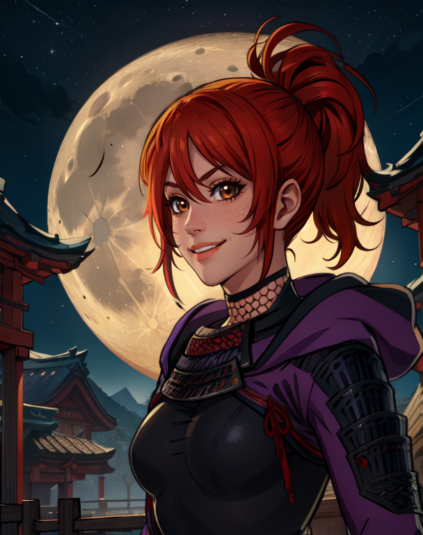 Mitsuki, red hair, ponytail, bangs, brown eyes,  smiling,  solo, upper body, 
tight black bodysuit, fingerless gloves, hood down, fishnets, fishnets, 
on Japanese building, nighttime, moon, Sengoku period, (insanely detailed, beautiful detailed face, masterpiece, best quality)  <lora:Mitsuki-10v5:0.7>