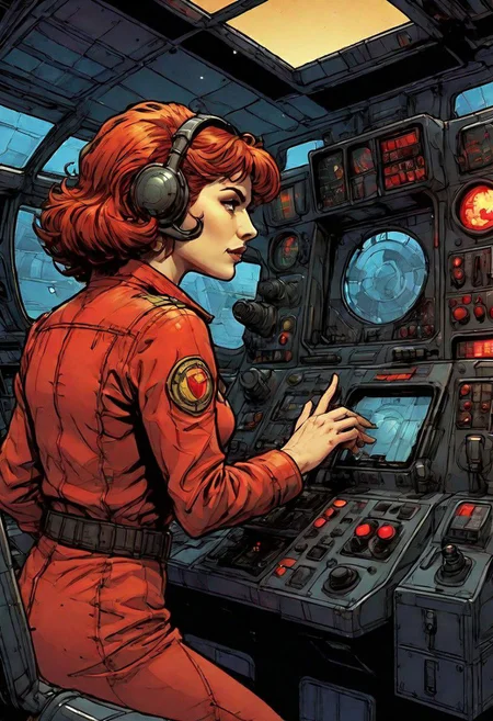 comic book close-up of a womans hand pressing down on a big red fire button, while standing in the cockpit of Dragon Assult Ship (cockpit:1.2) in deep space