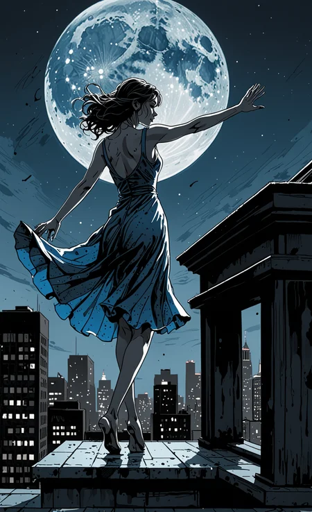 ink illustration, hauntingly sad scene of a woman dancing on her own on the roof of a skyscraper under a Blue moon, the woman's Blue dress and moon are the only splashes of color, ink splashes, rough ink sketch, moody, gloomy, dark picture, high contrast, stylized, ultra detailed(Very Intricate), <lora:Dices_real_style_cartoon:0.6>, Ultra Realistic, cartoon, 3D UHD,