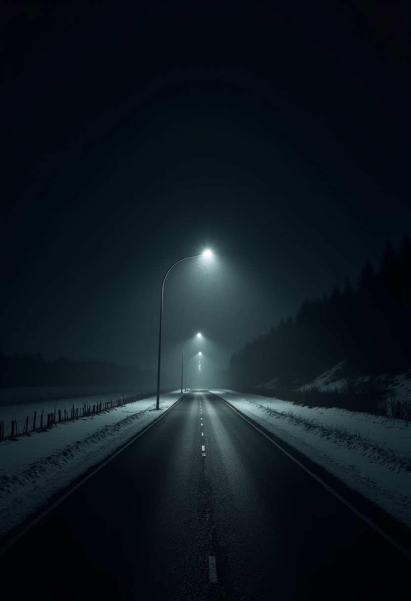 a backroom concept view of a infinite road in the dark straight forward to the horizon fading away in the darkness. 
the sides of the road are empty black void.
1 unique street lights at a distance revealing falling snow. 
the sky is perfectly black, complete darkness.
Strange feeling of nightmare.