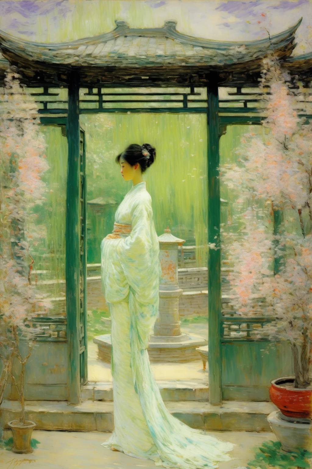 <lora:Theodore Robinson Style:1>Theodore Robinson Style - In this Impressionist painting by Frederick childe Hassam, in spring of an ancient Chinese garden with closed gate, an ancient Chinese girl, looking sad with beautiful features, wearing a slender white floral ancient Chinese dress standing on an ancient Chinese pavilion of a beautiful painted and carved ancient Chinese building, decorated with green silk window panel covers,flowers, windy, willow t raining, green mountains, green rivers, light green, light pink,light purple and icy blue, Monet-style landscapes, and the whole picture is in the style of pastels, The overall atmosphere of the picture is romantic and beautiful,in this impressionistic painting by Frederick childe Hassam, Frederick childe Hassam employed intricate, soft brushstrokes and textures to capture a complex, gentle, high-definition, and authentically perfect scene.