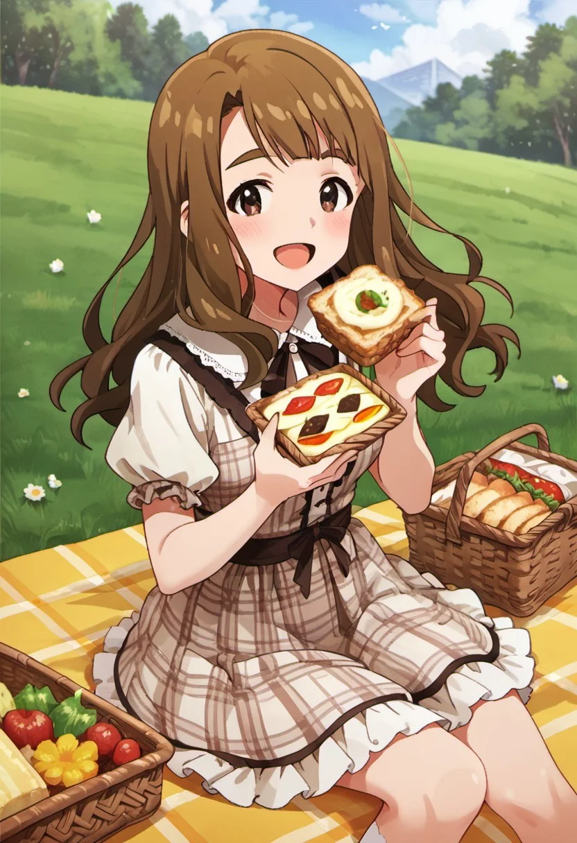 score_9, score_8_up, score_7_up, source_anime,miyao miya, brown hair, long hair, brown eyes, 1girl, picnic, open mouth, food, smile, solo, looking at viewer, dress, blush, thermos, :d, picnic basket