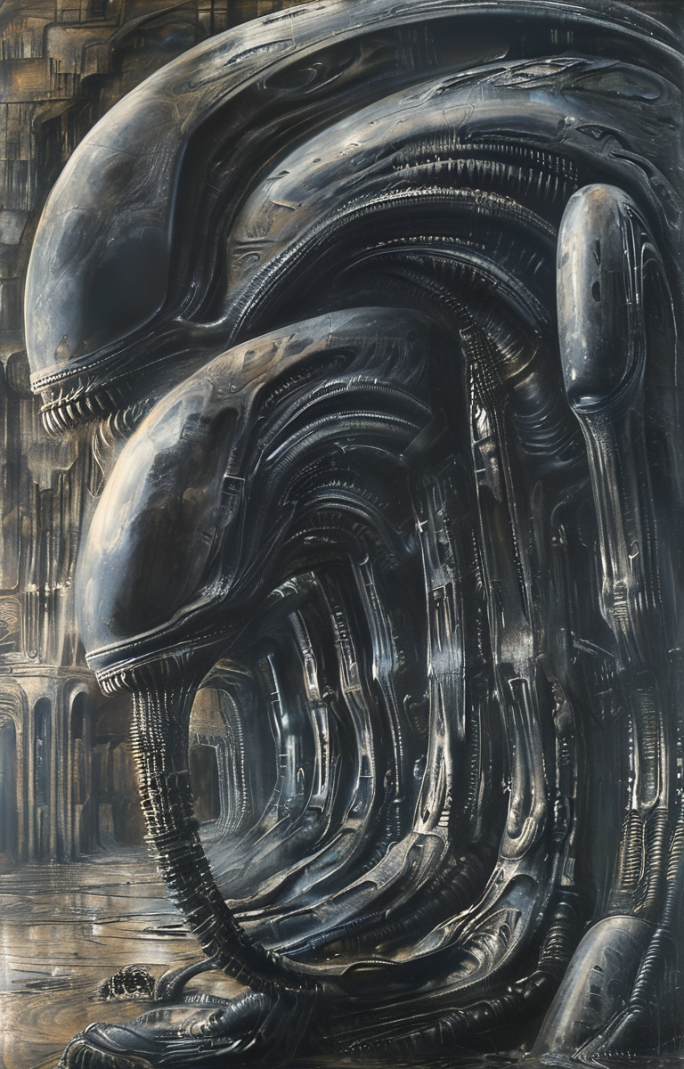 masterpiece,best quality,<lora:tbh295-sdxl:0.9>,illustration,style of H. R. Giger portrait of family
