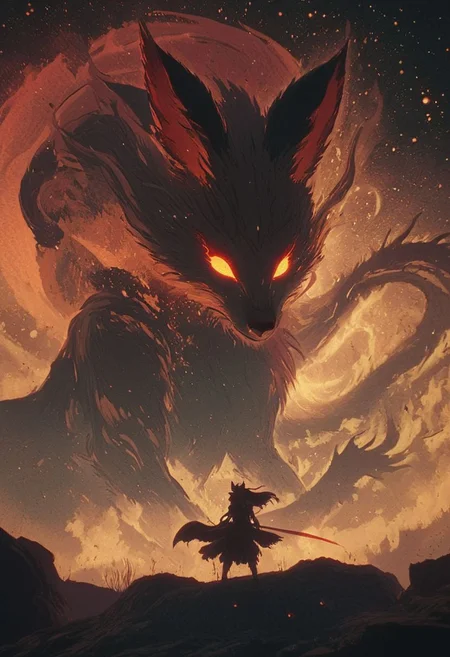 Bosstyle, Silhouette of a Woman fighting a giant DARK mononoke Monster Boss resembling a ethereal fox with seven tails: Capture the essence of nostalgia and color in this vintage photograph. Dominating the scene is a meticulously detailed, translucent dark-red Blood filled firefox, adorned with vibrant patterns, blending seamlessly with its surroundings. Its long tail, composed of intricately woven ribbons in a spectrum of colors, trails behind, adding to the spectacle of the moment. Amidst the quietude of the night, its presence exudes a sense of ancestral strength and resilience. Behind it, the low-toned hues of the Milky Way cast a mesmerizing backdrop, a cosmic tapestry weaving tales of both past and future. In this moment, the convergence of tradition and technology, of ancient wisdom and industrial progress, hangs palpably in the air., atmospheric haze, Film grain, cinematic film still, shallow depth of field, highly detailed, high budget, cinemascope, moody, epic, OverallDetail, 2000s vintage RAW photo, photorealistic, candid camera, color graded cinematic, eye catchlights, atmospheric lighting, imperfections, natural, shallow dof