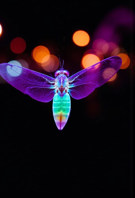 Sci-fi-mod, A vibrant Night Photography of a firefly in Motion, her translucent Wings seems to glow luminous in a vibrant Natural Neon color,
