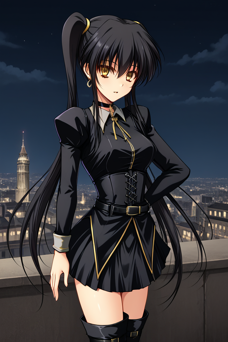 1girl, solo, nosogirenes, black hair, twintails, very long hair, sidelocks, yellow eyes, earrings, choker, black shirt, juliet sleeves, long sleeves, corset, belt, black skirt, thigh boots, cowboy shot, outdoors, night, cityscape, standing, parted lips,