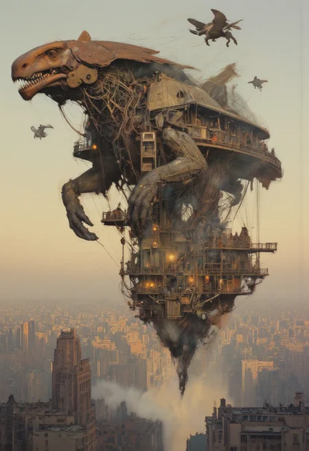 Art by Thomas Haller Buchanan A floating sky city built entirely on the backs of gigantic airborne automaton creatures. The cityâs walkways are suspended between the creatures' wings and bodies, creating a surreal blend of organic movement and industrial design. The skyline is filled with softly glowing lanterns, and people ride smaller, personal flying robots between levels. The painting has a dreamy, impressionistic quality, capturing the wonder of a world where nature never needed to separate from mechanics.