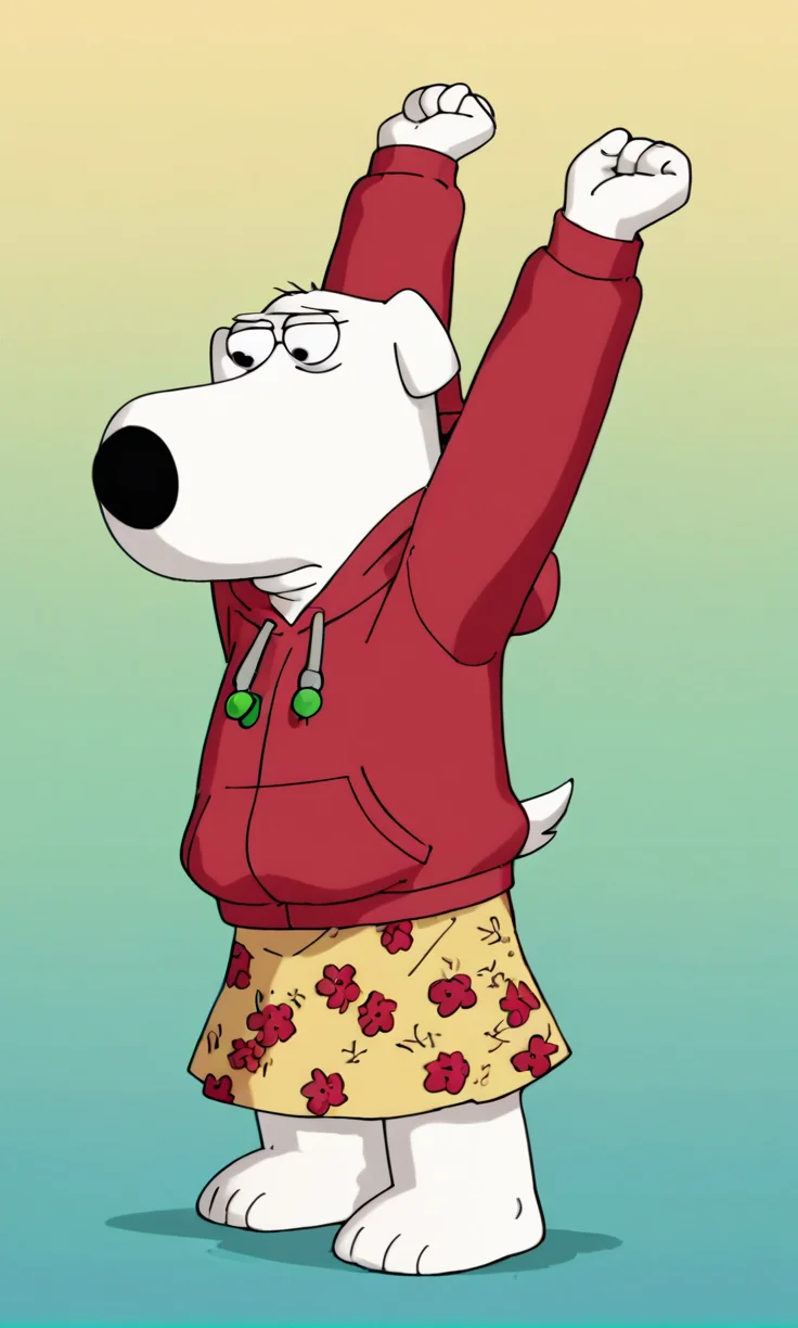 Brian_Griffin, FamilyGuy_Style, score_9_up, score_8_up, score_7_up, score_6_up, animal nose, dog, (stretching), (Chocolate Cherry)(Hoodie:1.2), (Cinnamon)(Floral print skirt), (gradient background:1.2), (look), (squinting), black eyes, white fur, <lora:FamilyGuy_Style-000014:1>