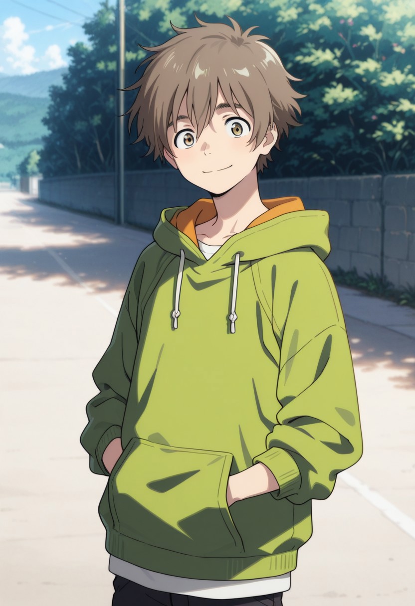masterpiece,best quality,amazing quality, source_anime, 
shunhashimoto, 1boy, male focus, solo, brown eyes, brown hair, hoodie, hood,
outdoor, smile, looking at viewer,