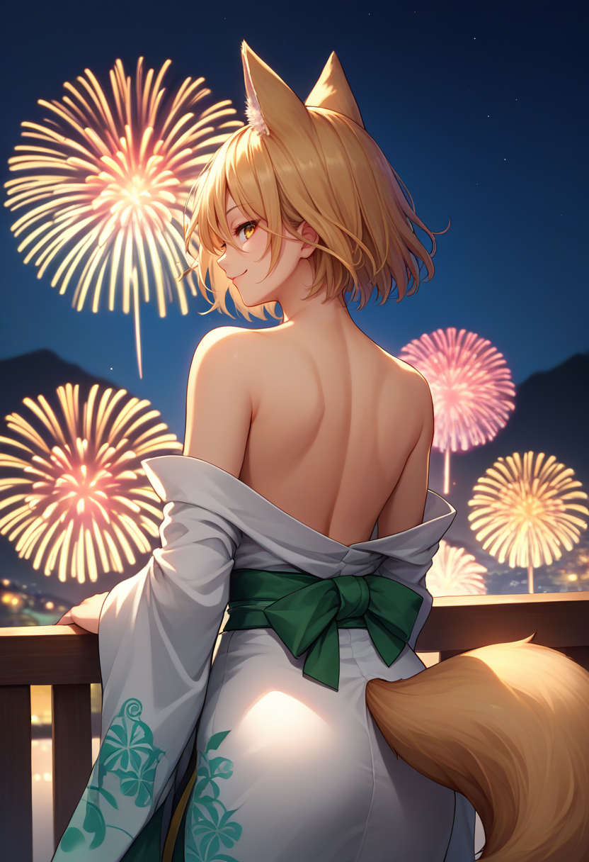 score_9, score_8_up, score_7_up, source_anime, from behind, solo, 1girl, kudamaki tsukasa, smile, looking back, animal ears, yellow eyes, white kimono, off shoulder, green sash, fox tail, bare shoulders, fireworks <lora:touhou_kudamaki_ponyXL:1>
