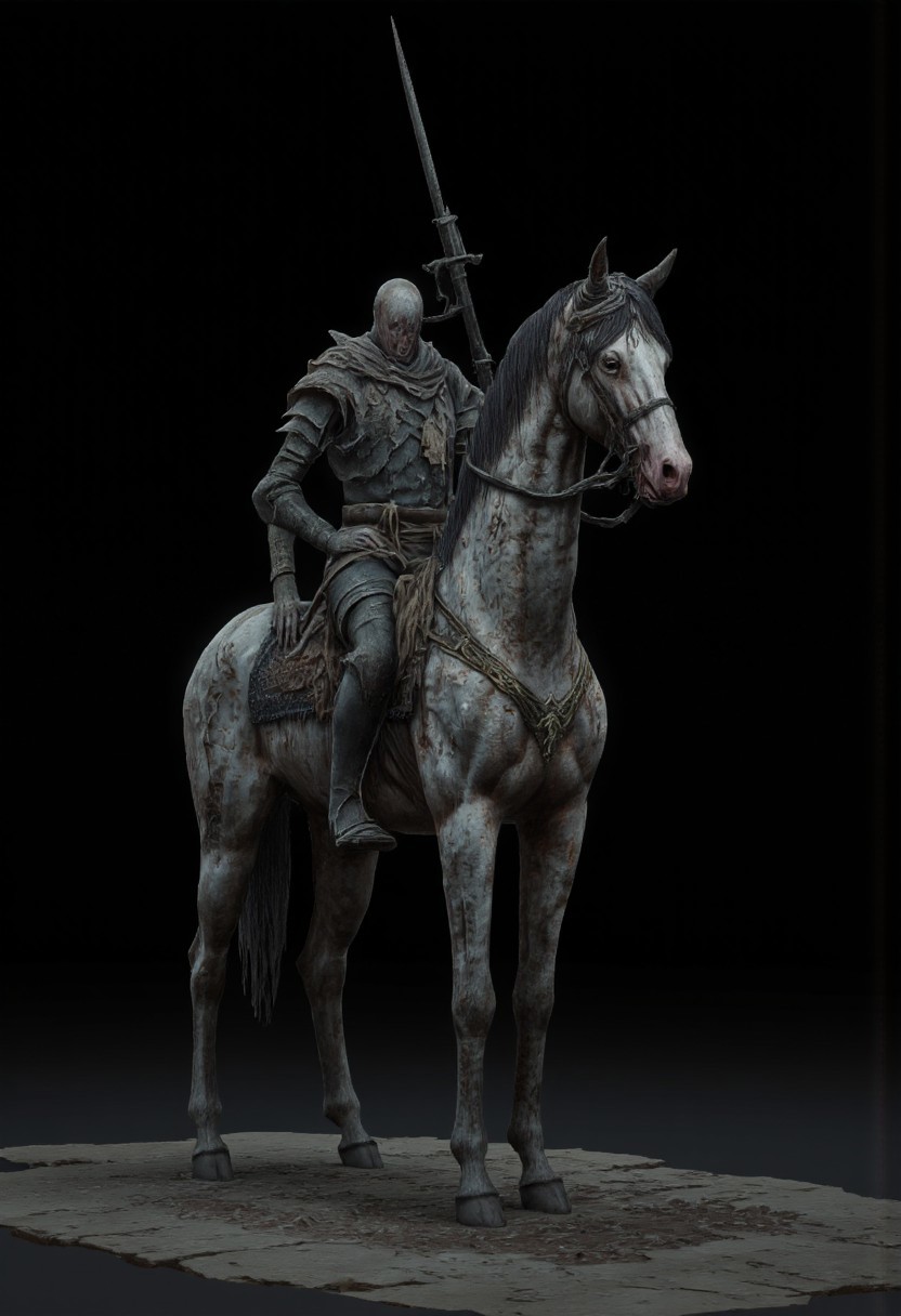 decayed non humanoid plagued Obscure medieval military armored rotting postulant horse without a rider
Standing on a flat ground
Set against a solid dark black color background to emphasize its unsettling unnatural form that emphasizes its silhouette. The medium is not a traditional painting or illustrative medium like watercolor or ink but rather a digital 3D rendering.
MikeFranchinastyle, bbstyle,, horror theme,, ZBClay model of a gray sculpture, zbrush, d4arks0uls, overcast lighting