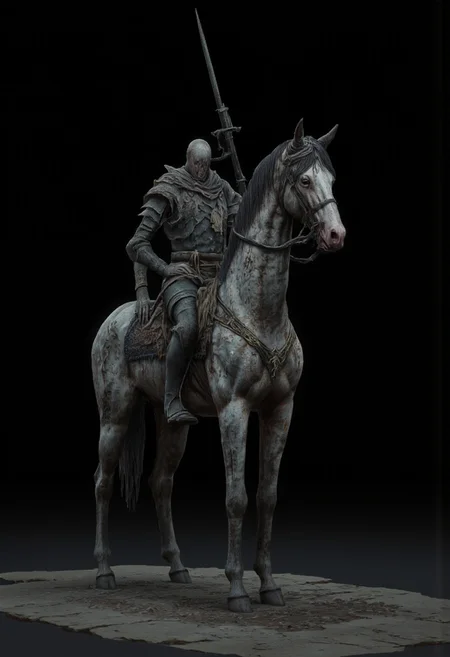 decayed non humanoid plagued Obscure medieval military armored rotting postulant horse without a rider
Standing on a flat ground
Set against a solid dark black color background to emphasize its unsettling unnatural form that emphasizes its silhouette. The medium is not a traditional painting or illustrative medium like watercolor or ink but rather a digital 3D rendering.
MikeFranchinastyle, bbstyle,, horror theme,, ZBClay model of a gray sculpture, zbrush, d4arks0uls, overcast lighting