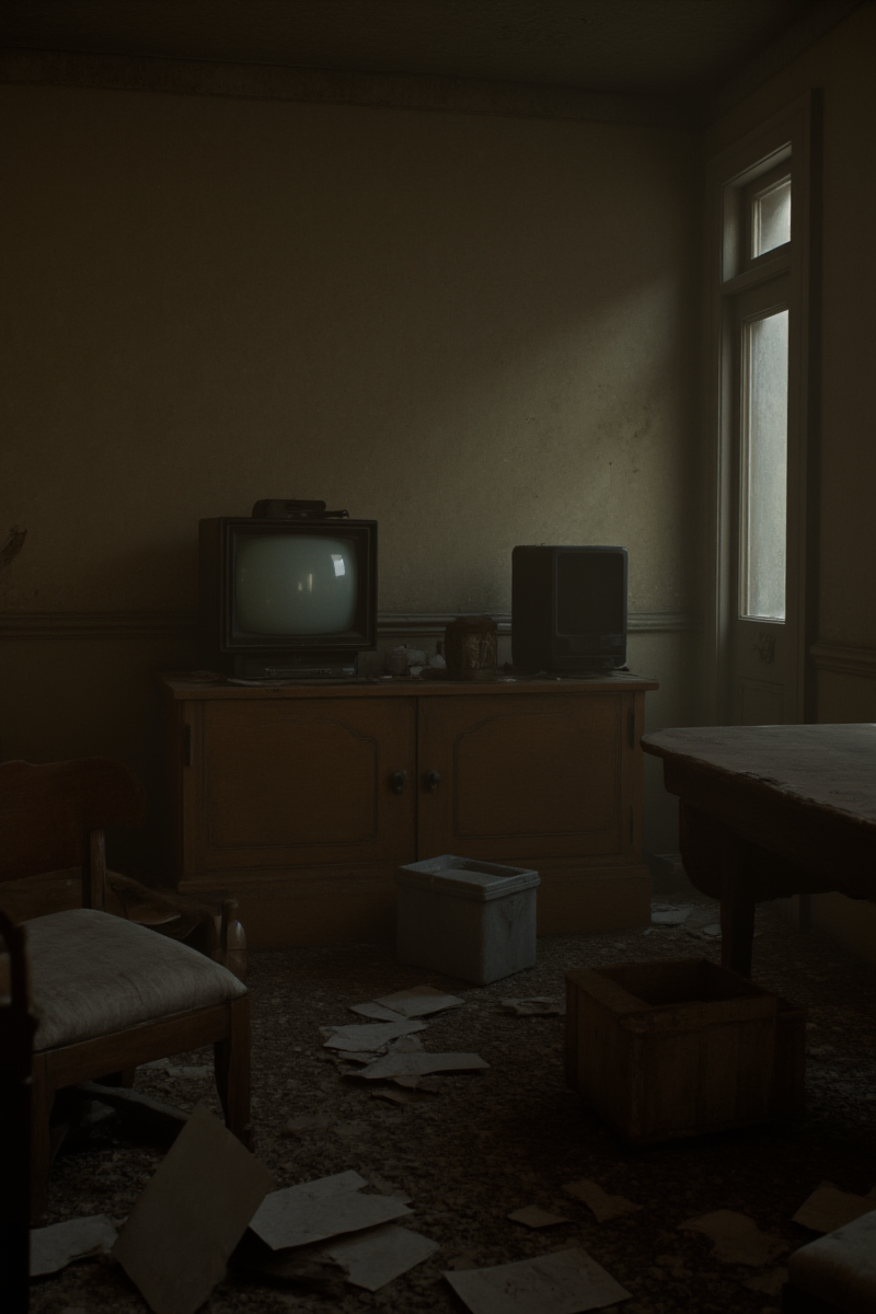 3DGame,A photograph of a dimly lit,abandoned room with a vintage CRT television on a wooden cabinet. The room is cluttered with debris,including broken furniture and scattered papers. The walls are stained and peeling,adding to the decayed atmosphere. The scene evokes a sense of neglect and desolation,