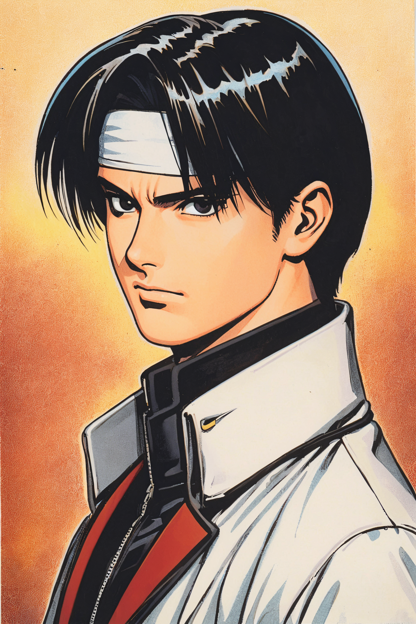 Kyo Kusanagi,solo,1boy,male focus,short hair,black hair,closed mouth,portrait,white headband,parted bangs,expressionless,bangs,serious,white jacket,looking at viewer,retro artstyle,traditional media,
<lora:shinkiro_XL_v2:0.8>,