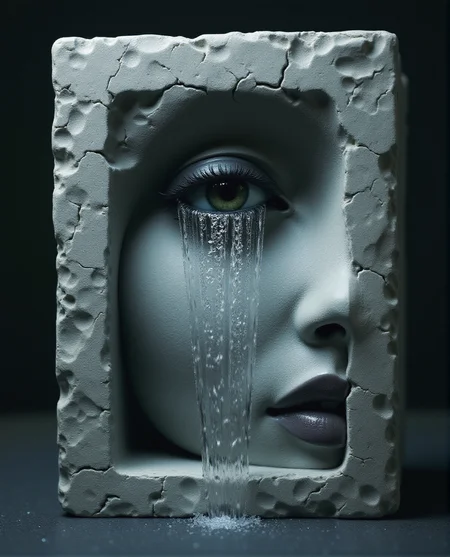 cinematic photo a block of stone, the left half of the block has been carved into a realistic beautiful woman's face, from the eye pours a waterfall
the stone is covered in tiny cracks, the eye is a real photorealistic eye . 35mm photograph, film, bokeh, professional, 4k, highly detailed