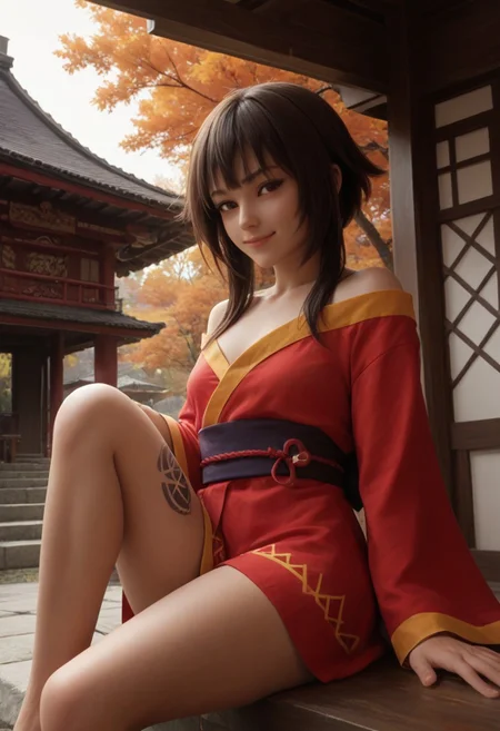 score_9, score_8_up, score_7_up, score_6_up,
1girl, megumin,
kimono, tattoos, Japanese architecture, temple, autumn,
seductive smile, come hither, sitting, holding own legs, cowboy shot, dutch angle,