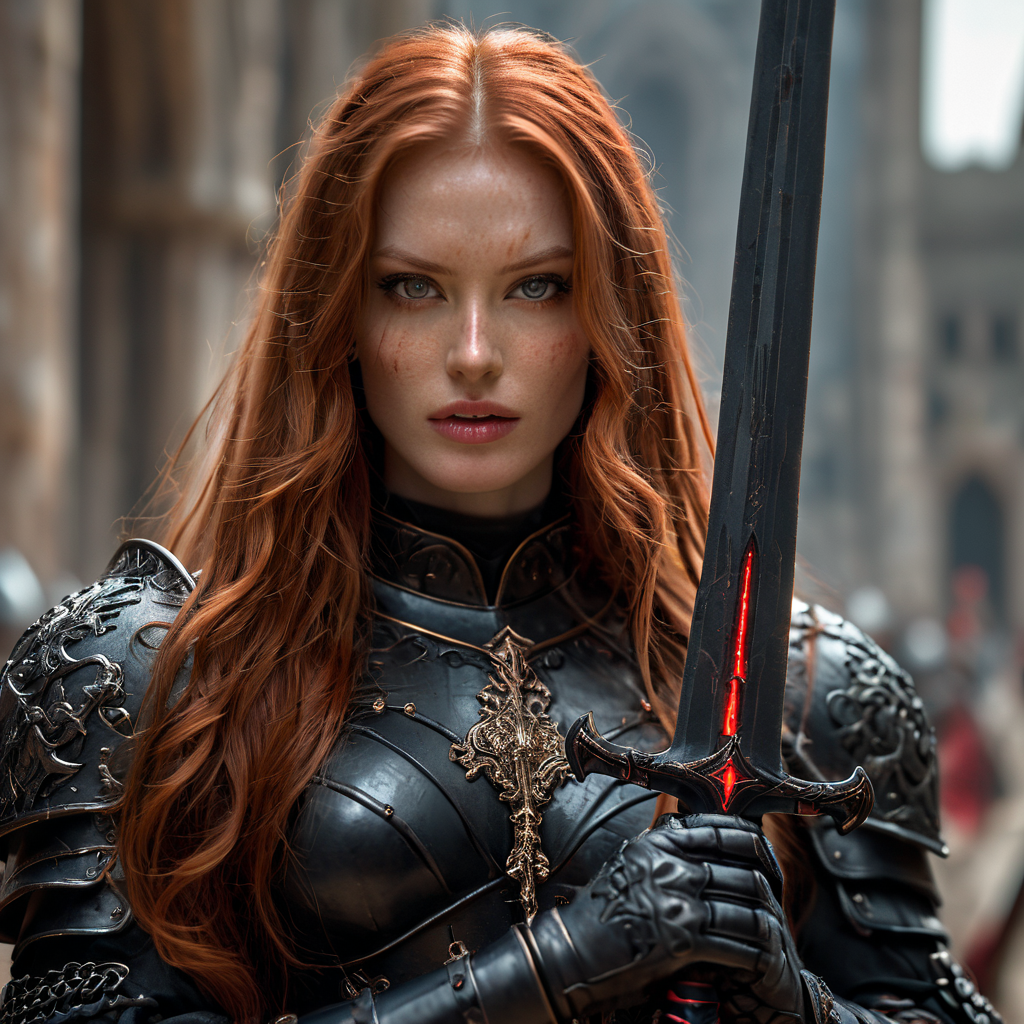 Close up shot of beautiful woman, red long hair, holding red sword infront of her, wearing dark armor, temple in background, , HD, masterpiece, best quality, hyper detailed, ultra detailed, realistic image