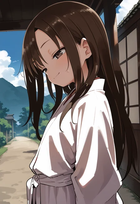 score_9,score_8_up,score_7_up,score_anime,cowboy_shot,from_side,<lora:yamamoto-mix-lyco-pony-v1:0.5>,1girl,<lora:Takagawa-Sumire_v2:0.7> ,Takagawa Sumire,long hair,brown hair,sidelocks,brown eyes,half-closed eyes,seductive_smile,japanese_clothes,miko,sweat,looking_to_the_side,in spring,gohei,scenery,