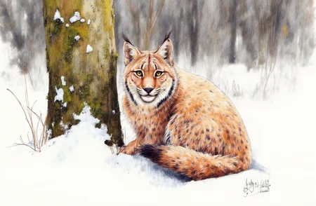 Sharp image of a rough sketch, rendered in vibrant multi colour ballpoint pen, capturing the adorable features of a lynx sitting in the snow next to a tree. The lynx is facing the camera and appears to be looking directly at the camera. It has a brown fur coat with black spots and a bushy tail. Its ears are perked up and its eyes are alert. The tree trunk is covered in snow and there are patches of green moss growing on it. The background is blurred, but it seems to be a wooded area with trees and bushes. The overall mood of the image is peaceful and serene.  p3nsk, <lora:p3nsk:1>