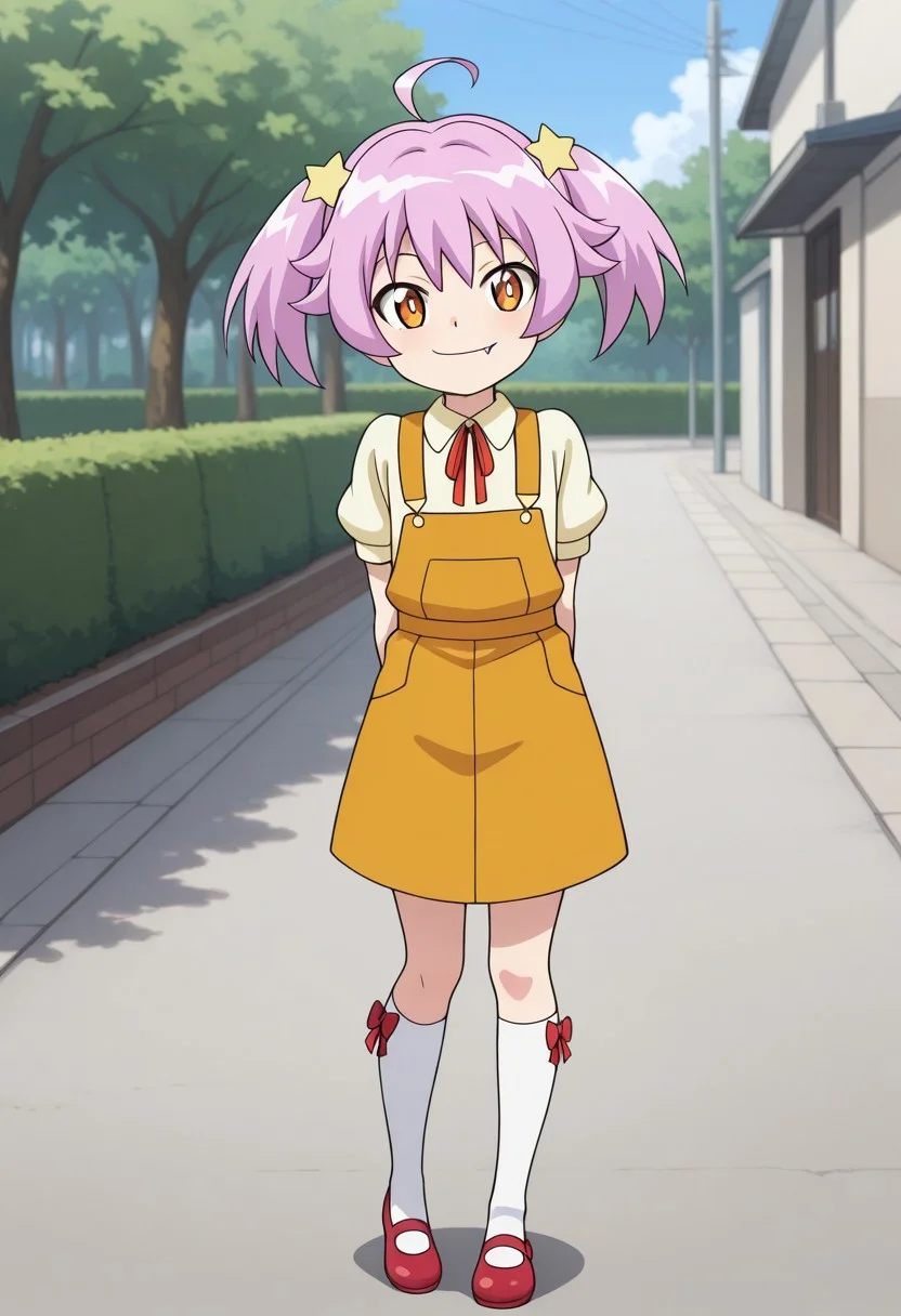 (((masterpiece,high resolution,best quality))), (depth of field:1.4), 1girl, petite, smiling, closed mouth, standing, ((full body)), ((solo)), Nika Aoi, pink-pastel hair, pigtails, star hair ornaments, ahoge, orange eyes, fang, orange overalls, soft yellow shirt, puffy sleeves, red ribbon around her collar, knee high socks, red ballerina flats, outdoors,