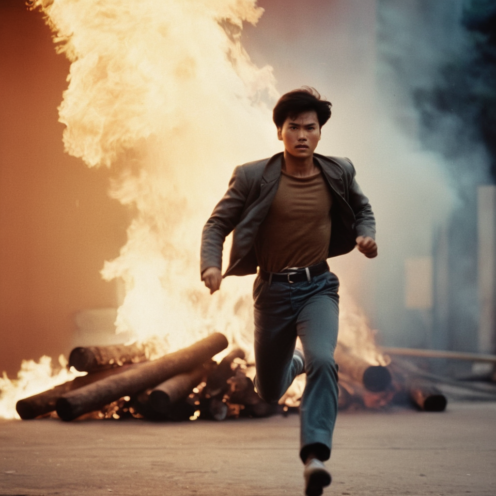 cinematic film still of  <lora:Hong Kong action cinema style:1>
 <lora:Kodak Motion Picture Film Style v4:0.3>
In the 1980's In Hong Kong China a man running in front of a fire explosio,solo,1boy,male focus,pants,fire,running,explosion,Asian,cinematic,action-themed,violence,aim,aiming,pointing,Kodak,Film style,movie style,film grain,film contrast,action packed,serious,stunt,Hong Kong action cinema style, shallow depth of field, vignette, highly detailed, high budget, bokeh, cinemascope, moody, epic, gorgeous, film grain, grainy