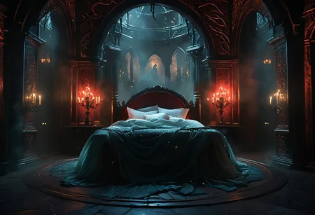 hkmagic detailed wide shot, low angle, wide shot, a celtic princesse of extraordinary beauty Eerie reality, her body covered by celtic runes bioluminescent tatoos glowing with power and magic, lying on a luxury fantasy bed in a room illuminated by candles, her body visible through a transparent golden veil covering the baldaquin bed, the bed culumns are spiraling sculppted dragon made of ivory and dark wood, red hair, naked,, mist, ciaroscuro, 8k cinematic shot, Intricate, High Detail, Sharp focus, dramatic, colorful details, intricate details,hyper realistic, ultra detailed, volumetric lighting, 8k post-production, Chiaroscuro Lighting Style, elven architecture