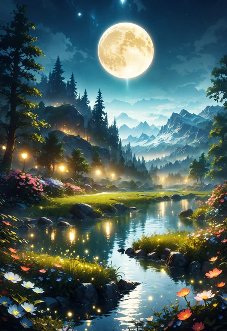 detailed landscape, a lake in the middle of a forest, mountains in background, moon, moonlight reflection, night, stars, insecs, fireflies, flowers, detailed landscape, dark, mist, cgi, cinematic, masterpiece, best quality, very aesthetic, absurdres, <lora:add-detail-xl:1>,  <lora:MJ52:0.25>,  <lora:SDXLFaeTastic2400:0.7>,  <lora:perfect-eyes:1> perfecteyes
