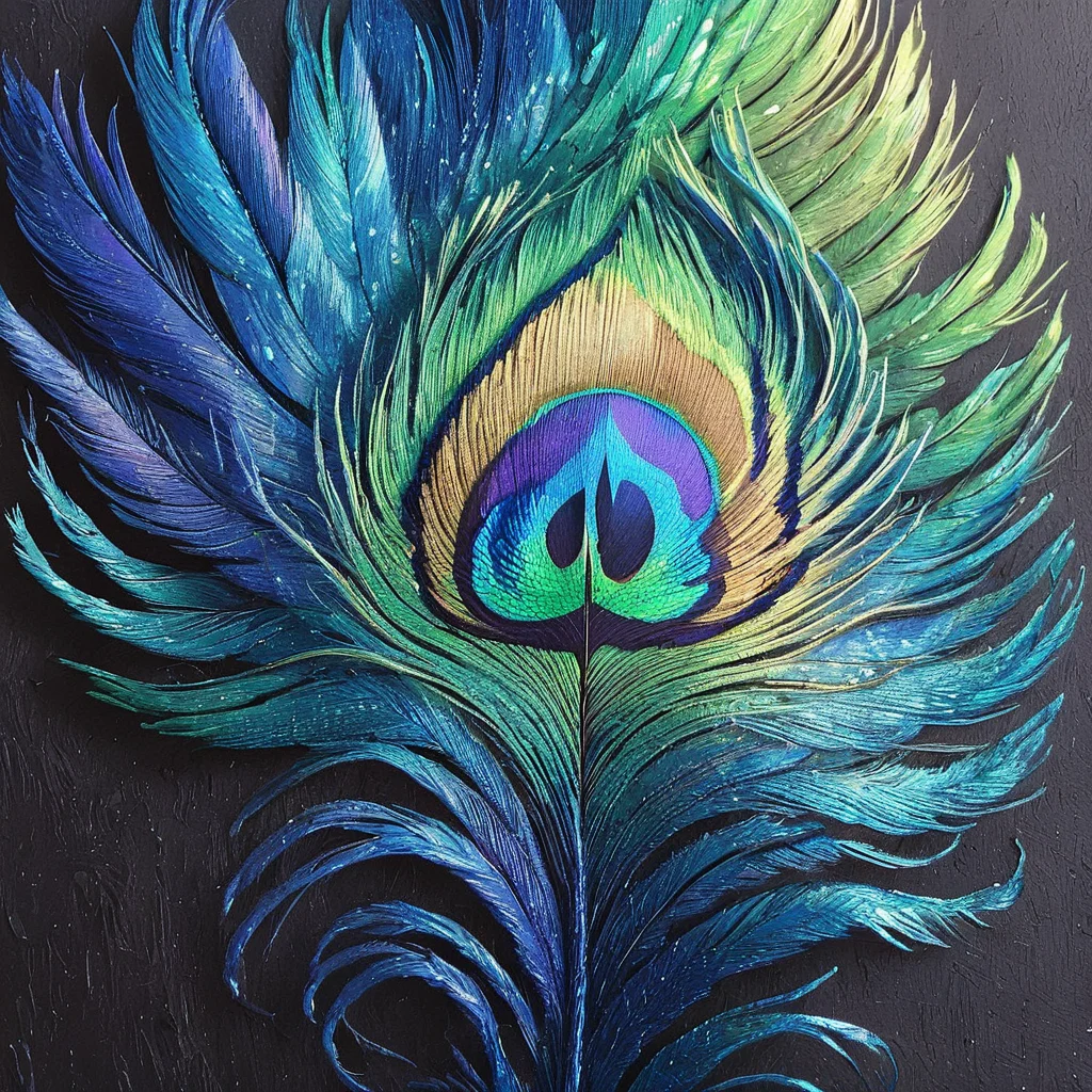 ArsMJStyle, Oil Pastels ,<lora:Oil_Pastels:1>, <lora:add-detail-xl:1.2> Close-up of a peacock feather, iridescent blues and greens, intricate eye pattern, textured strokes mimicking feather barbs, contrast against dark background, hyper-detailed
