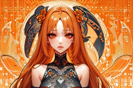 highly insanely detailed, masterpiece, top quality, best quality, highres, 4k, 8k, RAW photo, (very aesthetic, beautiful and aesthetic),
(code_style,codestyle),(sympattern,geometric pattern),doodle pattern,
<lora:CodeStyle (half generic class)_564920:0.6>,
(1girl:1.3), 1other,
(pure orange background,transparent background:1.2),âââ