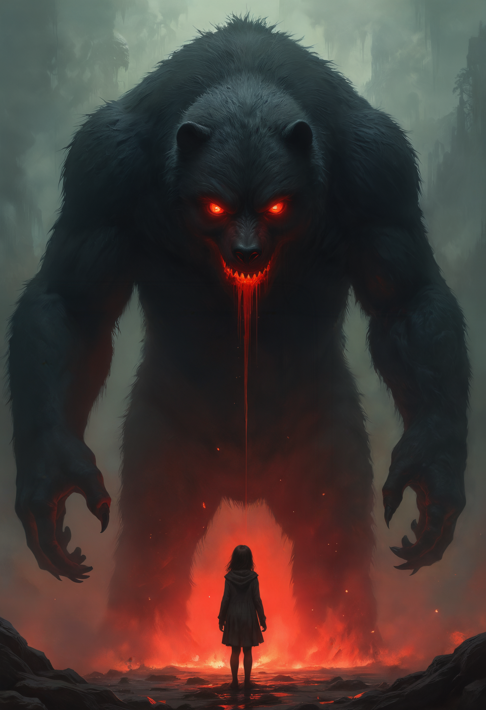 highly detailed and hyper realistic, traditional oil painting of a girl standing in front of a horrific giant monster, trending on Artstation, dramatic lighting render, giant wearbear, real image, with red glowing eyes, rendered image, glowing and epic, epic full color illustration, sketchy, rough sketch, conceptual, extremely intricate details, highly detailed and hyper realistic
<lora:- SDXL - vanta-black_contrast_V3.0:0.5> <lora:add-detail-xl:1> <lora:xl_more_art-full_v1:0.5>