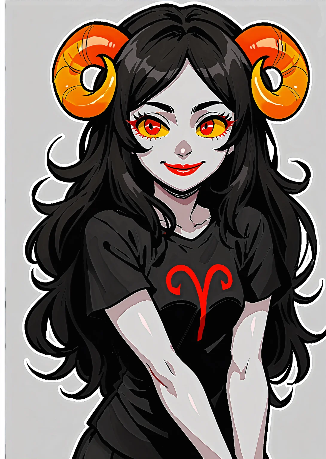 score_9, score_8_up, score_7_up, score_6_up, score_5_up, score_4_up, 2d, anime, anime artstyle, simple shadows, flat coloring, flat shadows, thick lines, white outline, <lora:Aradia_Megido_Homestuck_-_Starter_outfit_Deadalive_versions:0.85>, 1girl, grey skin, yellow sclera, red eyes, sheep horns, long hair, black hair, smile, lipstick, red lips, black shirt, t-shirt BREAK source_anime