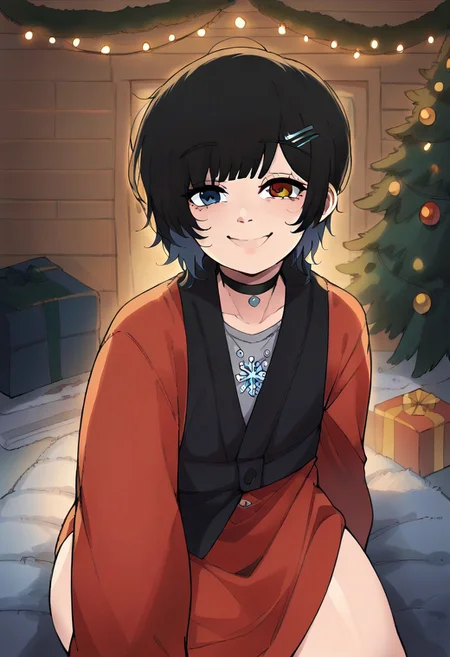 score_9, score_8_up, score_7_up, score_6_up, score_5_up, score_4_up, zPDXL2, zPDXLxxx, zPDXL3, source_anime, <lora:festive-christmas-boy-v1:1>,
1boy, solo, short curly hair, dark blue-black hair, messy hair, multiple hair bows, blue hair bow, small decorative ribbons, snowflake hair clip, small ornaments in hair,
heterochromia, blue eye, golden eye, choker, black choker, snowflake pendant, dark winter clothes, oversized and fluffy black vest with a hint of blue, large neckline, visibly too big, warm smile, soft expression, looking at viewer,
black scarf, soft and cozy scarf, draped around neck,
christmas setting, dark cozy cabin, dim lighting, faint christmas lights, christmas tree, decorated tree, glowing lights, presents under tree,
festive atmosphere, calm ambiance, soft shadows, dark room, subtle lighting, holiday theme, grey cat-shaped hair pin