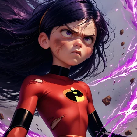 score_9, score_8_up, score_7_up, score_6_up, score_5_up, score_4_up, 1girl, VioletParr, superhero, long hair, torn clothes, cuts and bruises, determined look, wind blowing hair, purple energy, flat chest, skinny