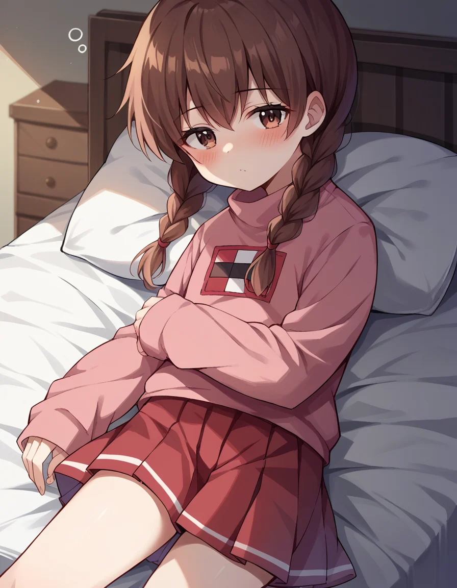 score_9, score_8_up, score_7_up, source_anime,
madotsuki, <lora:madotsuki-ponyxl-lora-nochekaiser:1>,
madotsuki, braid, hair over shoulder, long hair, twin braids, twintails, brown hair, brown eyes,
long sleeves, pink sweater, pleated skirt, red skirt, skirt, sleeves past wrists, sweater,
indoors, bed, bed room, on side, blush, drunk,
solo, dutch angle, looking at viewer, cowboy shot,