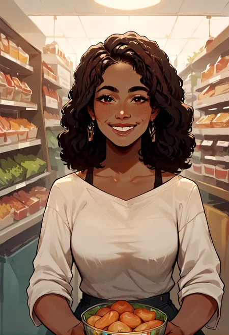 score_9, score_8_up, score_7_up <lora:HentaiEbony:0.9> 1girl, safe for work, body, <lora:Perfect Hands:0.9>, ebony, dark skin, supermarket, smiling, looking at viewer, different ages