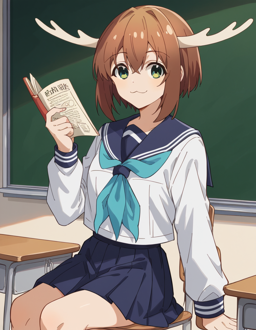 score_9, score_8_up, score_7_up, source_anime, <lora:noko-shikanoko-s1-v2-ponyxl-lora-nochekaiser:1>, noko shikanoko, short hair, bangs, brown hair, hair between eyes, green eyes, horns,, skirt, shirt, long sleeves, school uniform, white shirt, pleated skirt, serafuku, sailor collar, blue skirt, neckerchief, blue sailor collar,, classroom, chalkboard, day time, studying, sitting, chair, desk,, smile, looking at viewer, v, smile, solo,, cowboy shot, dutch angle