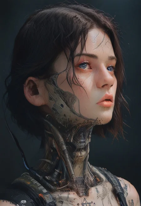 score_9,score_8_up,score_7_up,score_6_up,score_5_up,score_4_up,1 girl,solo,female focus,looking at the spectator,(Heart-shaped face, dark blue eyes, plump lips, short bob-cut dark brown hair, 5'6", 125 lbs, medium breasts, narrow waist, slender figure, a star tattoo on the ankle, pale skin, angular jawline, and slightly upturned nose.:1.3),(A gold lace bra paired with a black puffy mini skirt, and finished with bold gold high heels on a platform, featuring exquisite lace designs and a skirt made of rich velvet fabric, providing a luxurious and captivating look.:1.3),(plain contrasting background:1.3),(full-length:1.5),hands,Perfect hand,Perfect feet,Perfect eyes,cyb0rg,science fiction,cable,mechanical parts,<lora:feet v3:1>,<lora:hand 4:1>,<lora:PerfectEyesXL:1>,zPDXL2,zPDXLpg,<lora:cyb0rgXLP:0.8>,<lora:add-detail-xl:1>,<lora:DP-Pony:1>,p33rs,<lora:incase-ilff-v3-4:0.2>,