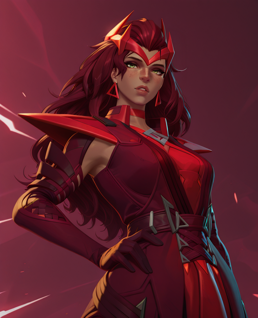 highres, absurdres, intricate detail, 3d, <lora:Wanda_ILLUS_2:0.9> , sc1, 1girl, red hair, long hair, green eyes, elbow gloves, shoulder pads, earrings, dark-skinned female, dress, headgear, hand on hips, looking at viewer, parted lips, freckles,